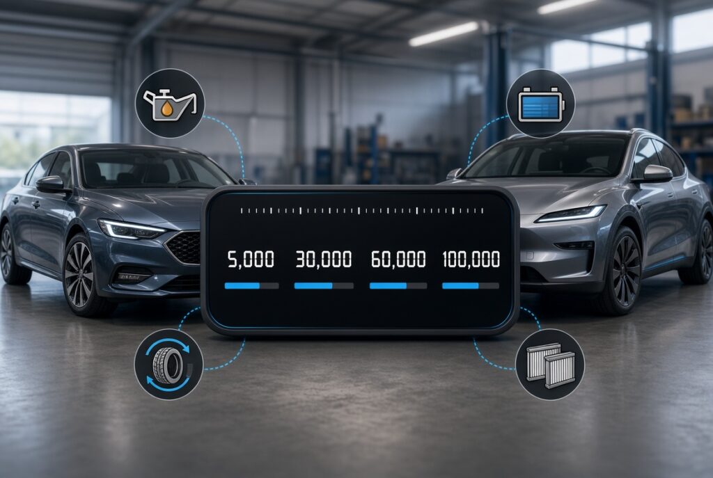 Gas sedan and electric SUV in a workshop with digital mileage display showing 5,000, 30,000, 60,000 and 100,000 mile maintenance intervals